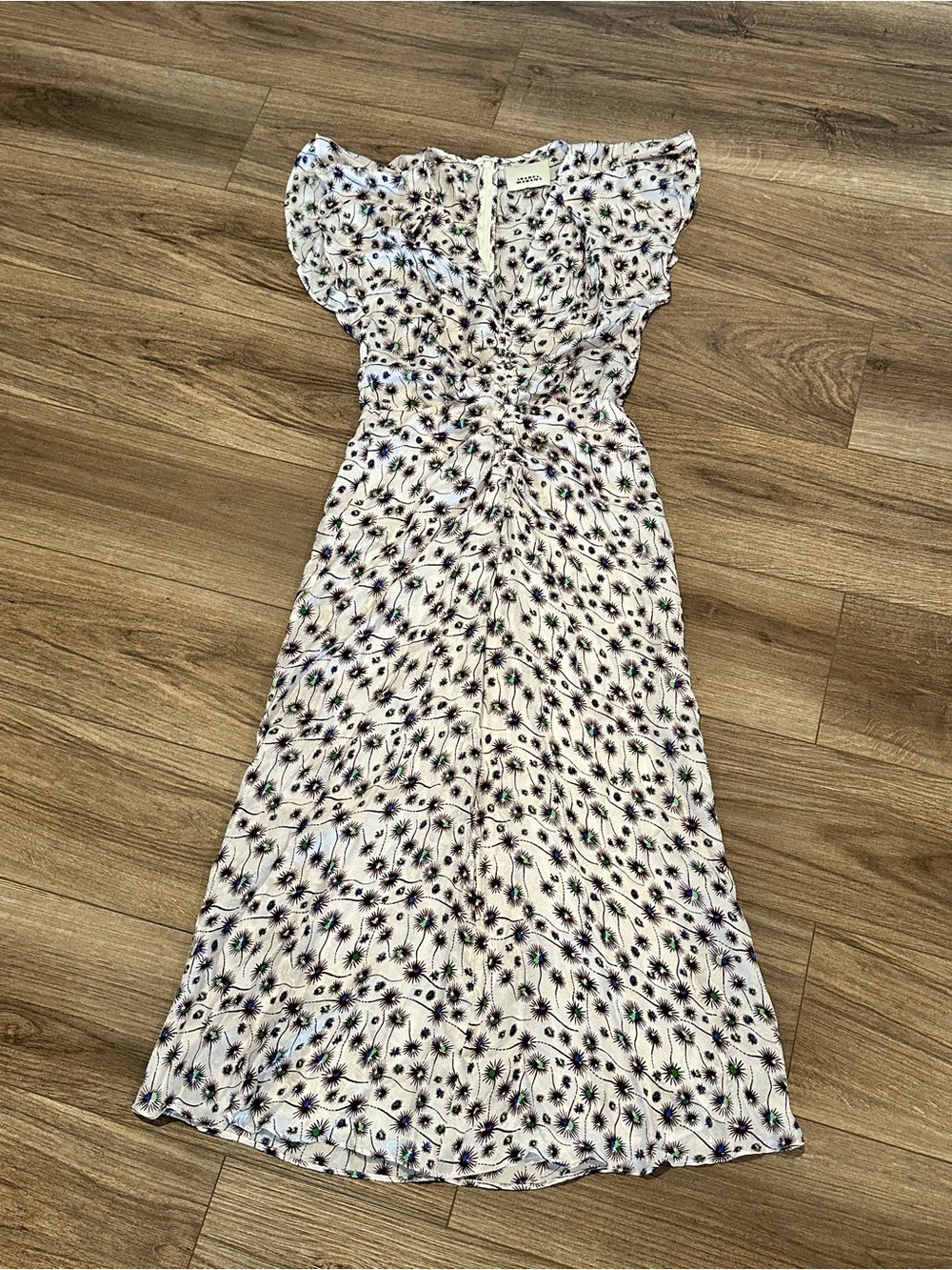 Isabel Marant White Purple Silk Ruched V-Neck Midi Dress Size 34 - Picture 7 of 15